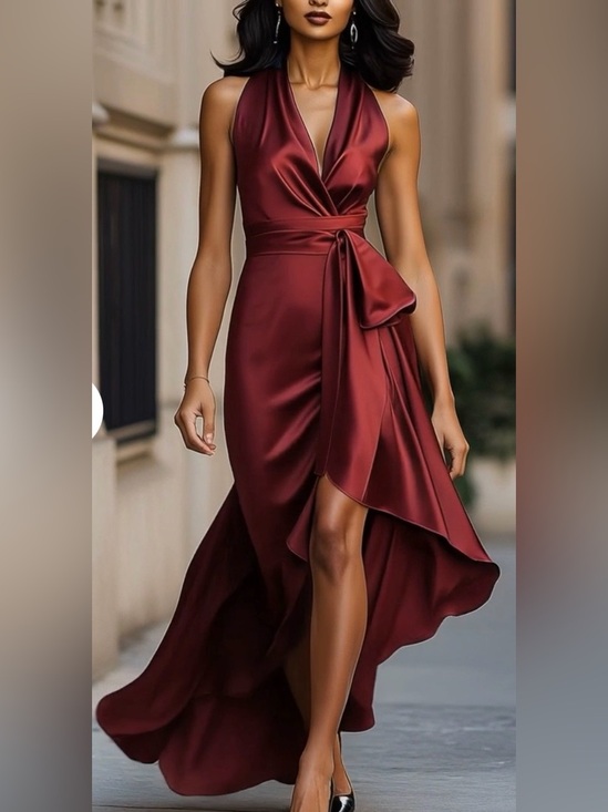 Mooyius Dresses & Skirts - Mooyius Midnight Elegance Burgundy Satin Halter Ruffle Gown